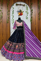 Black Digital Print Mirror Work Navratri Lehenga Set