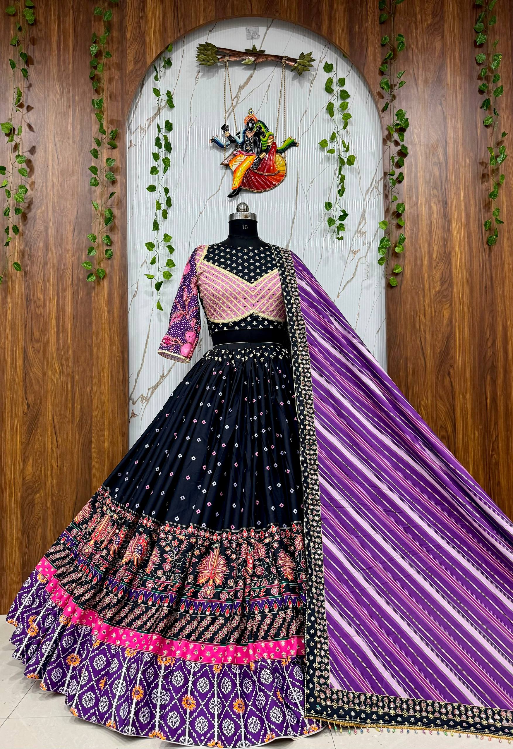 Black Digital Print Mirror Work Navratri Lehenga Set