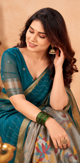 Teal Blue Maheshwari Cotton Saree with Zari Lines & Rich Tissue Paithani Pallu