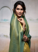 Emerald Green Pure Handloom Tissue Saree with Antique Gold Border