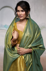 Emerald Green Pure Handloom Tissue Saree with Antique Gold Border