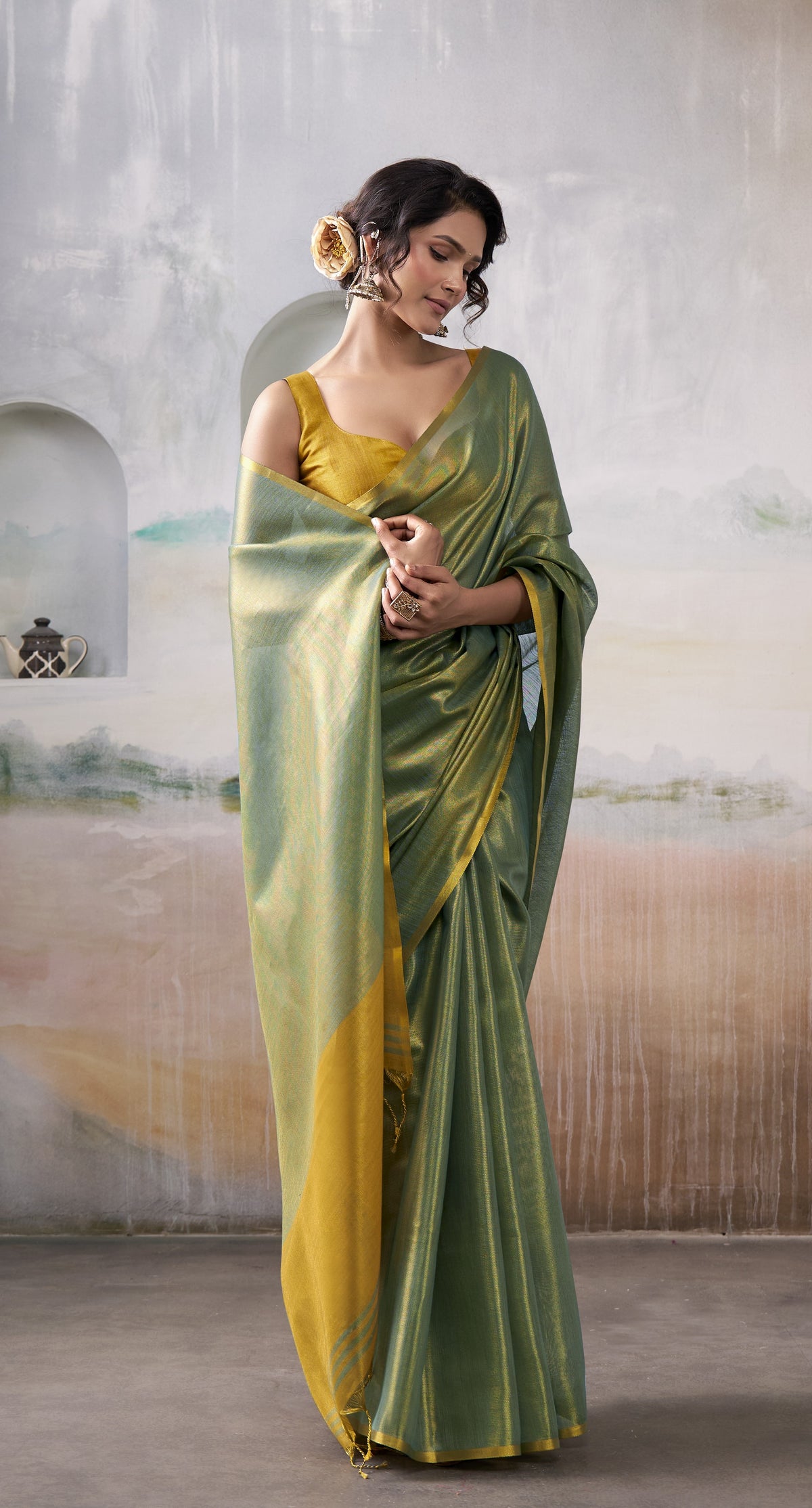 Emerald Green Pure Handloom Tissue Saree with Antique Gold Border