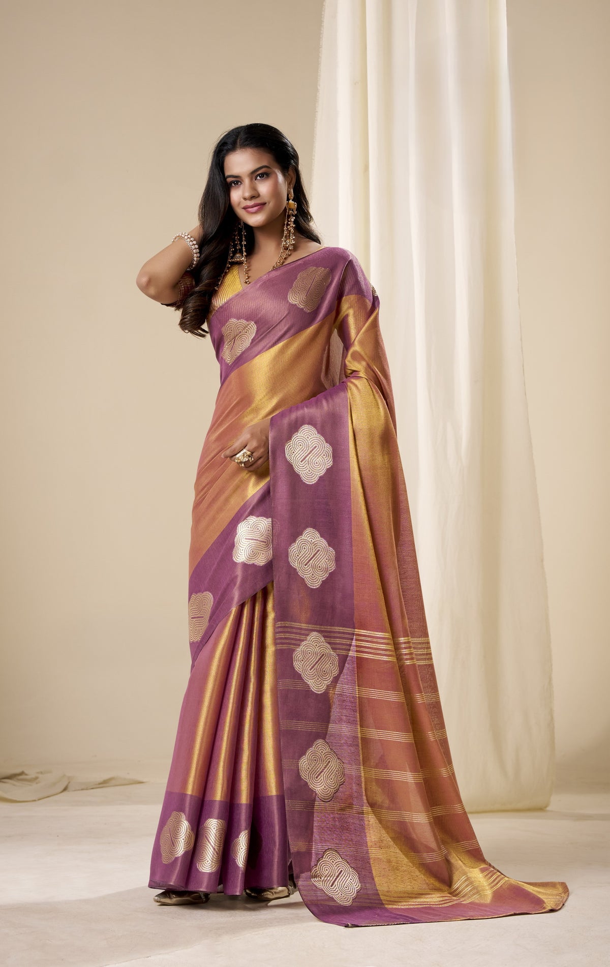 Wine Gold Handloom Tissue Silk Saree With Woven Motifs
