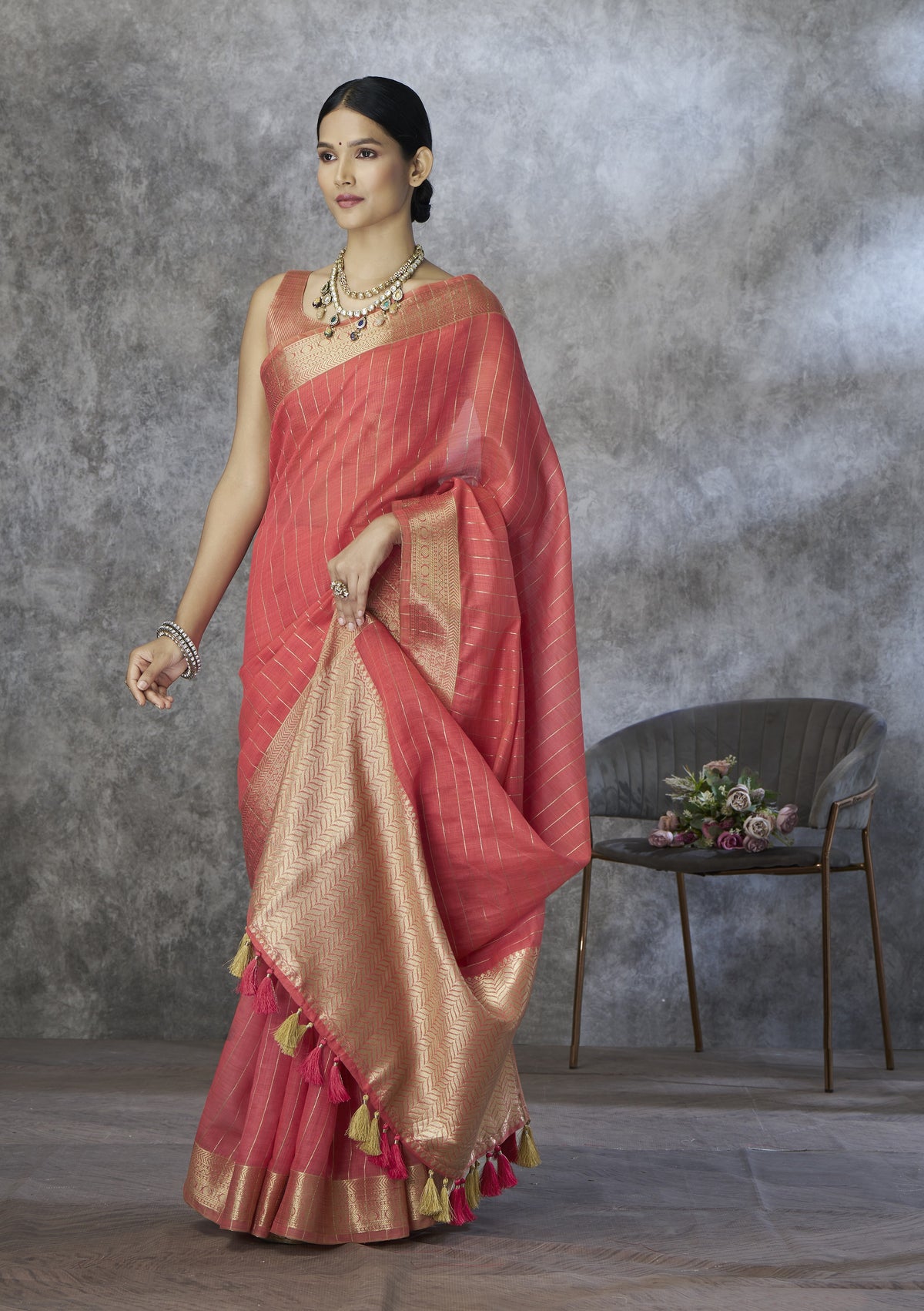 Coral Rose Cotton Silk Saree with Gold Zari Stripes