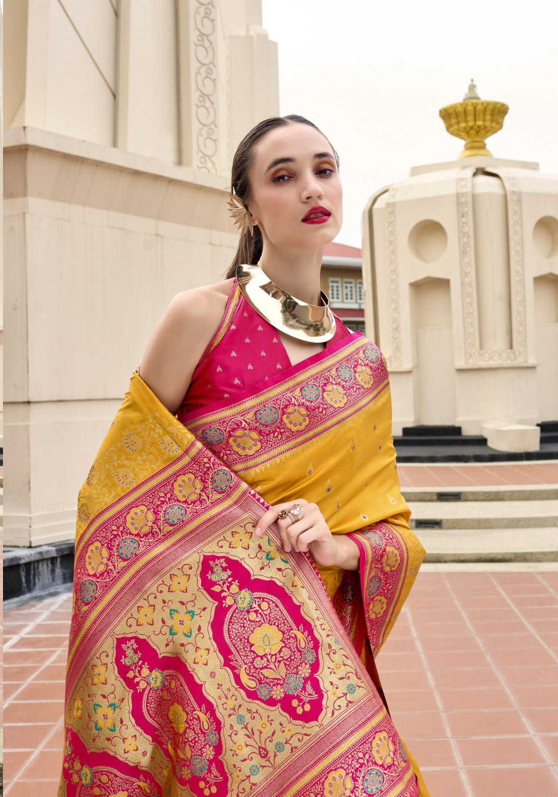 Mustard Yellow Pure Soft Banarasi Silk Saree with Rani Pink Woven Border