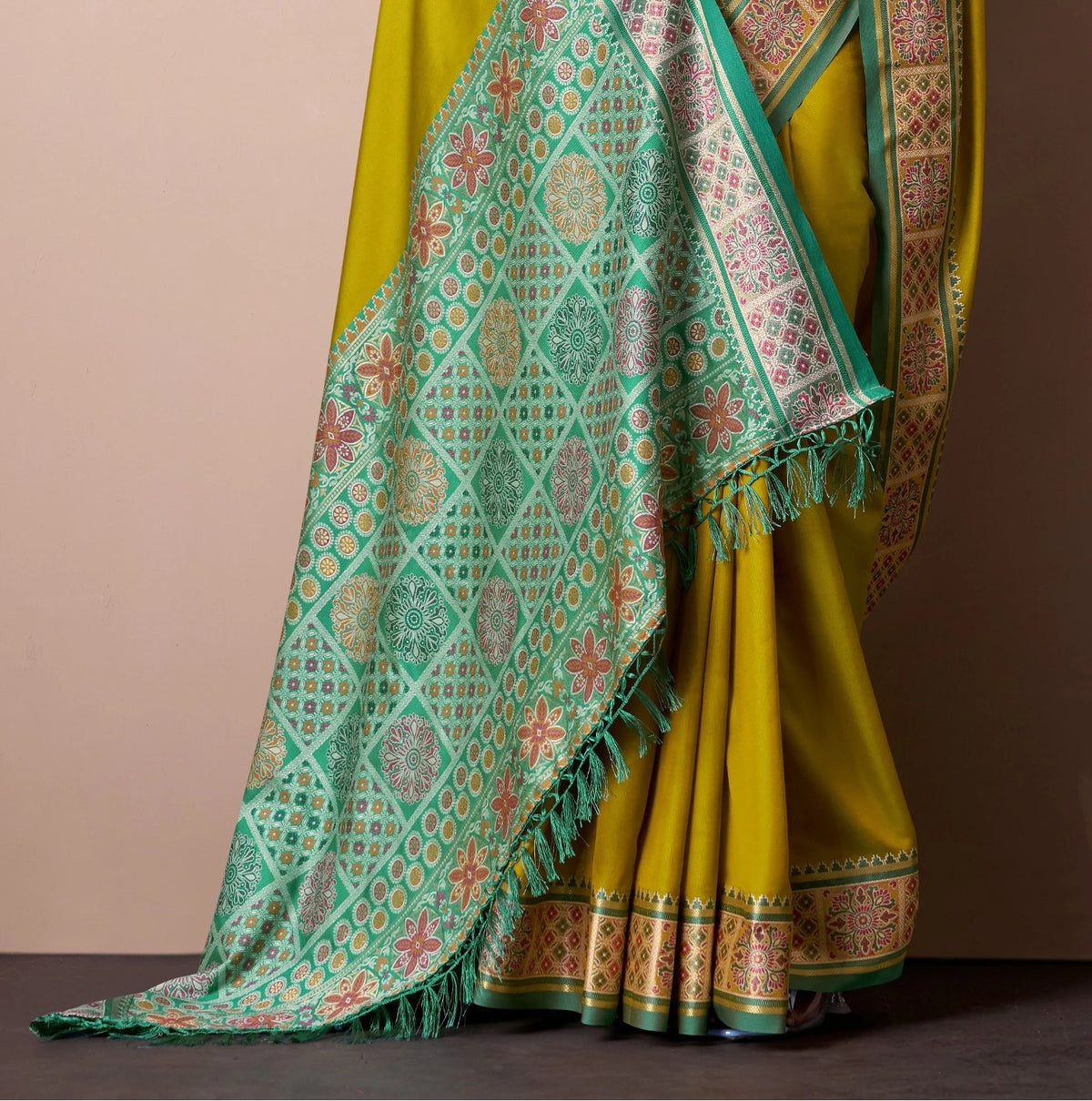 Mustard Yellow Patola Silk Saree with Traditional Floral Border