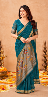 Teal Blue Maheshwari Cotton Saree with Zari Lines & Rich Tissue Paithani Pallu