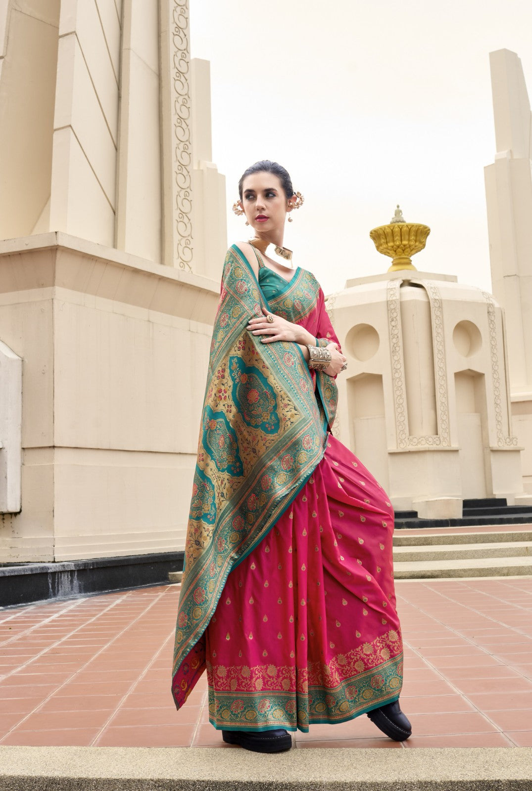 Ruby Pink Pure Soft Banarasi Silk Saree with Teal Woven Border