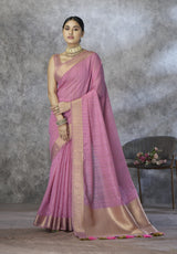 Rose Pink Cotton Silk Saree with Gold Zari Stripes & Woven Pallu