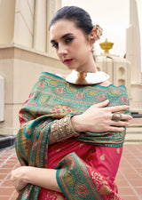 Ruby Pink Pure Soft Banarasi Silk Saree with Teal Woven Border