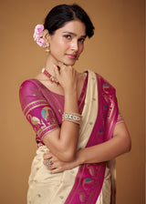 Cream Soft Satin Silk Saree With Pink Traditional Motif Border
