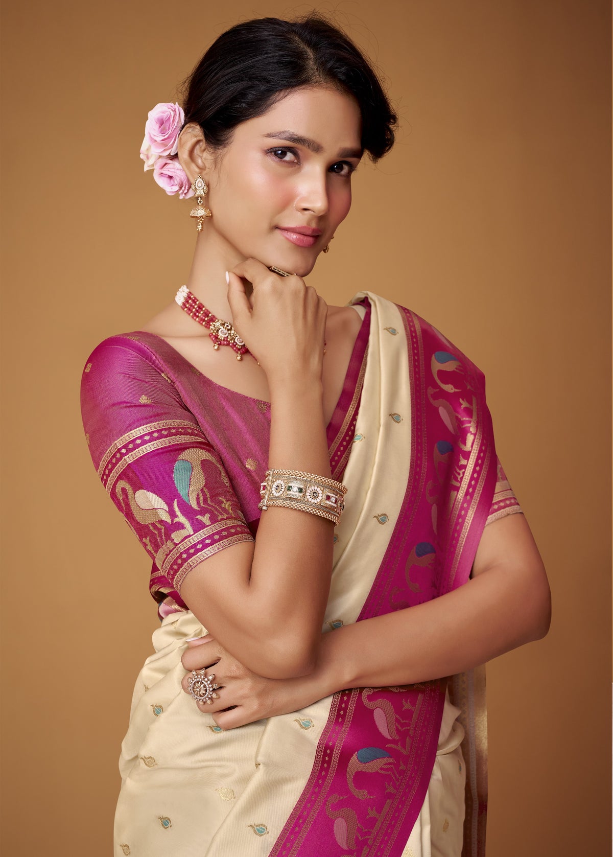 Cream Soft Satin Silk Saree With Pink Traditional Motif Border