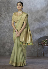 Sage Green Cotton Silk Saree with Gold Zari Stripes & Woven Pallu