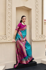 Turquoise Blue Pure Soft Banarasi Silk Saree with Rani Pink Woven Border