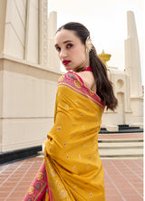 Mustard Yellow Pure Soft Banarasi Silk Saree with Rani Pink Woven Border
