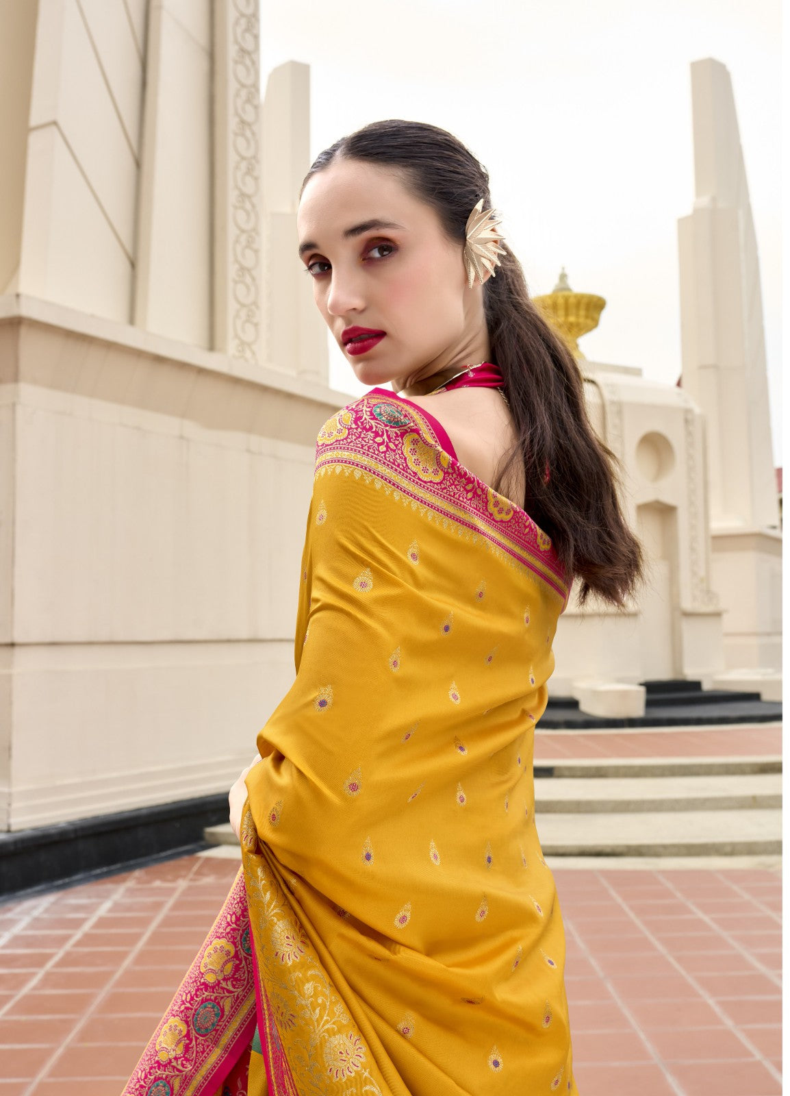 Mustard Yellow Pure Soft Banarasi Silk Saree with Rani Pink Woven Border