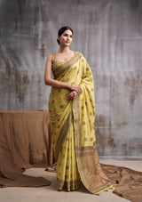 Yellow Modal Cotton Saree with Floral Motifs & Traditional Tassel Pallu