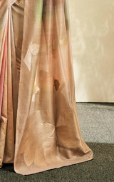 Beige Soft Handloom Silk Saree with Gold Floral Motifs & Pastel Shading