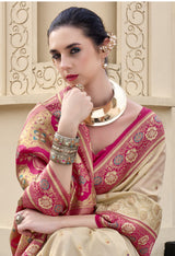Ivory Pure Soft Banarasi Silk Saree with Ruby Pink Woven Border