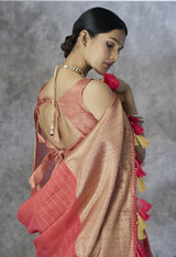 Coral Rose Cotton Silk Saree with Gold Zari Stripes