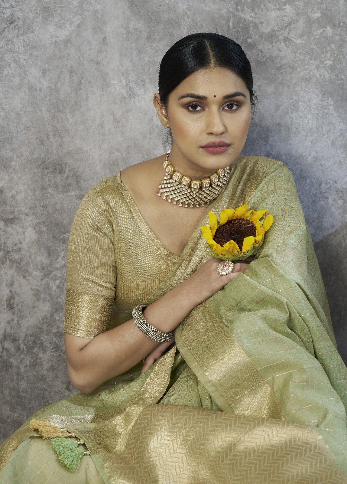 Sage Green Cotton Silk Saree with Gold Zari Stripes & Woven Pallu