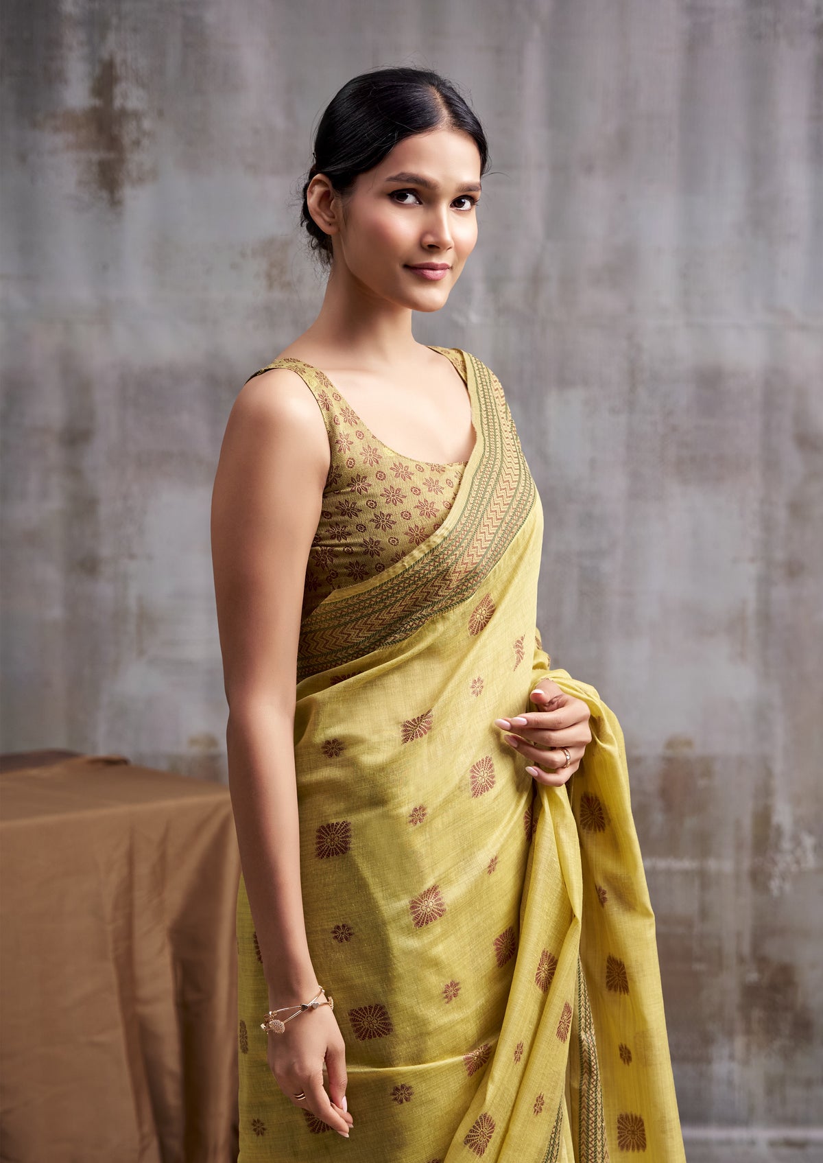 Yellow Modal Cotton Saree with Floral Motifs & Traditional Tassel Pallu