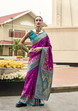 Rani Pink Pure Soft Banarasi Silk Saree with Turquoise Woven Border