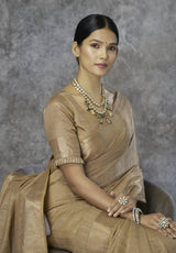 Light Brown Cotton Silk Saree with Zari Stripes & Woven Pallu
