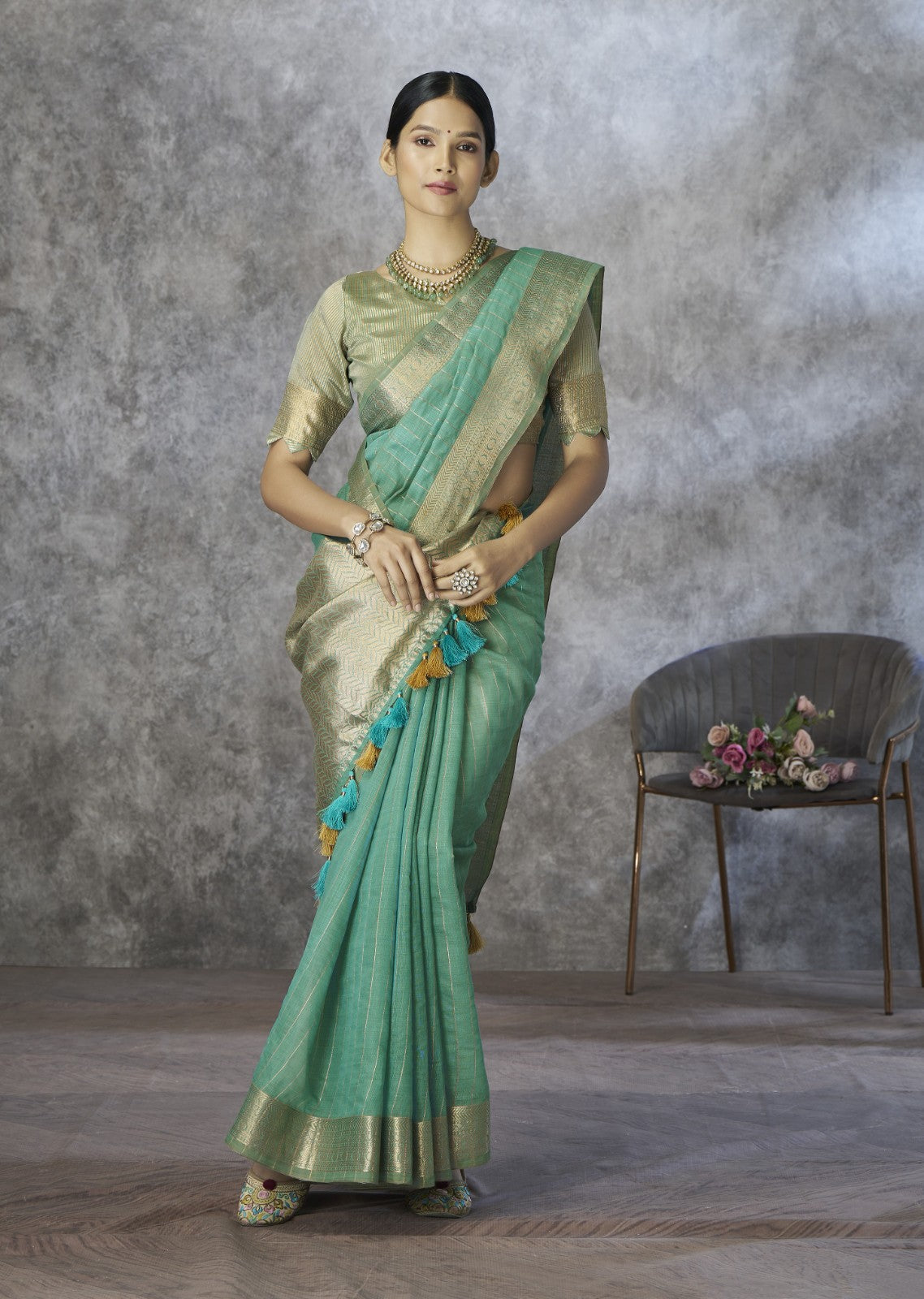 Sea Green Cotton Silk Saree with Gold Zari Stripes