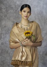 Light Brown Cotton Silk Saree with Zari Stripes & Woven Pallu