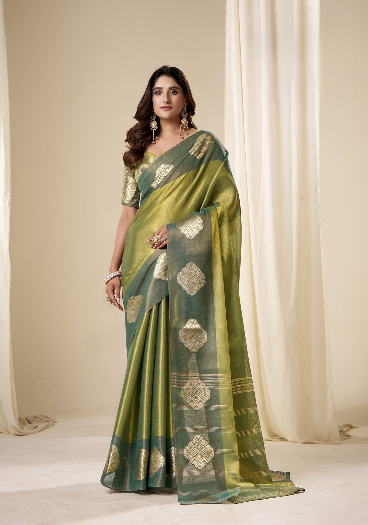 Mehndi Gold Handloom Tissue Silk Saree With Gold Woven Motifs