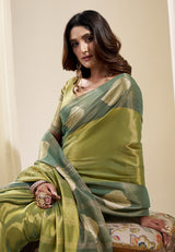 Mehndi Gold Handloom Tissue Silk Saree With Gold Woven Motifs