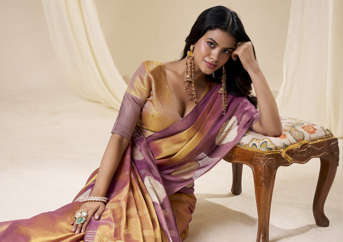 Wine Gold Handloom Tissue Silk Saree With Woven Motifs