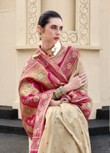 Ivory Pure Soft Banarasi Silk Saree with Ruby Pink Woven Border