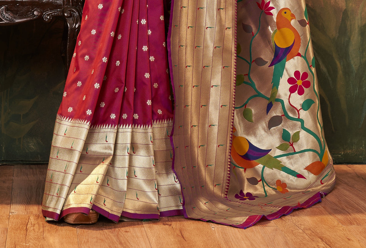 Rani Pink Pure Paithani Silk Saree with Zari Weaving