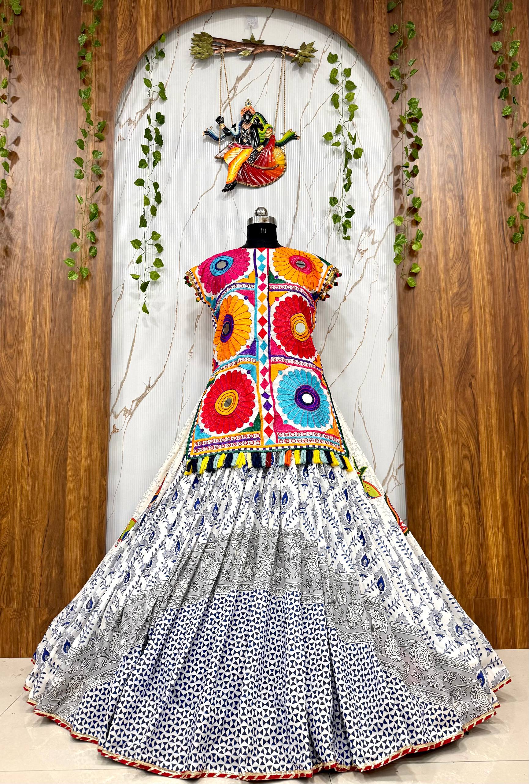 Blue Digital Print Gamthi Embroidery Navratri Lehenga Set