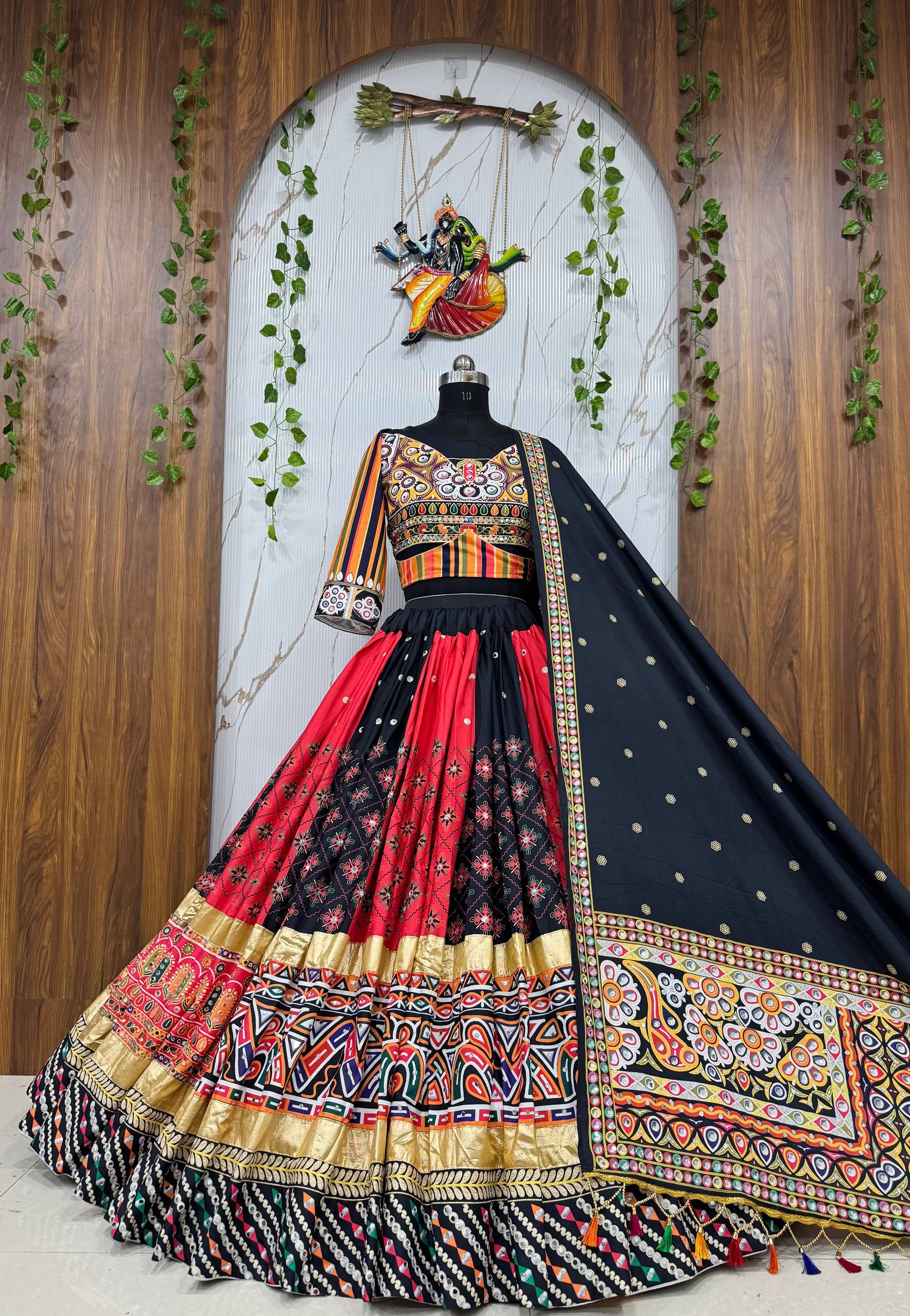 Digital Print Mirror Work Navratri Lehenga Set