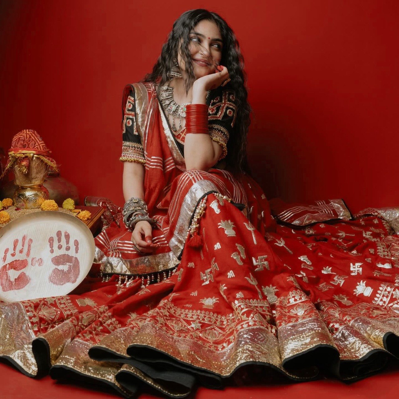Red Foil Print Navratri Lehenga Set