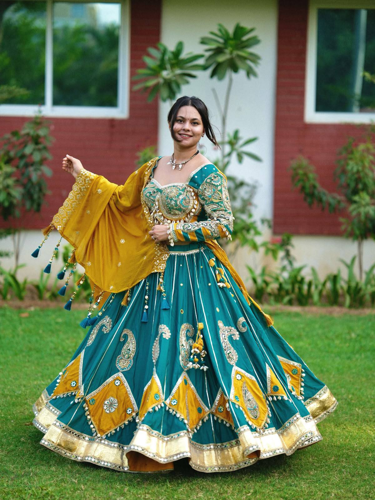 Mayurika Teal & Marigold Kodi Mirror Work Navratri Lehenga Set - Teal Blue