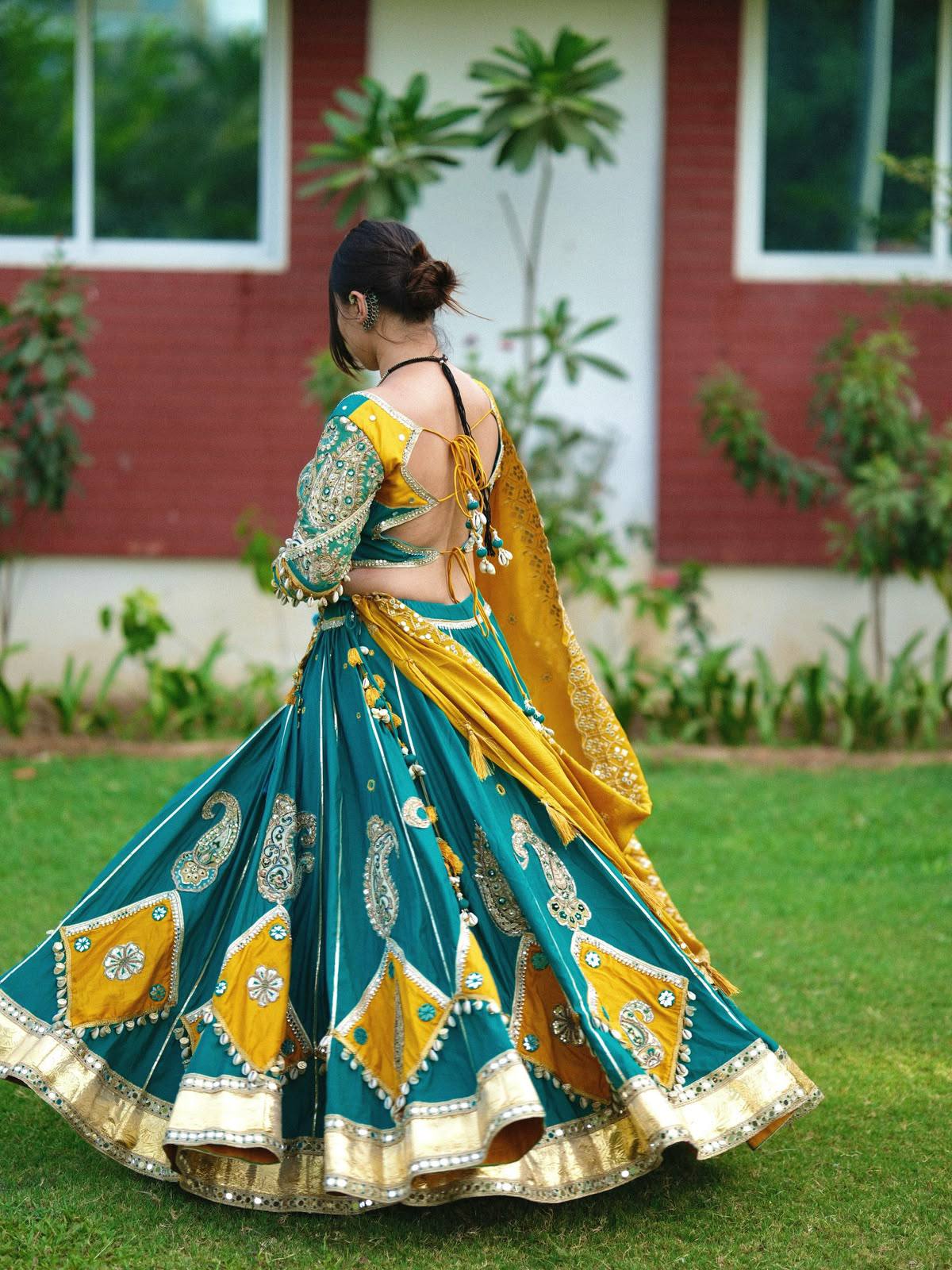 Mayurika Teal & Marigold Kodi Mirror Work Navratri Lehenga Set - Teal Blue