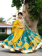 Mayurika Teal & Marigold Kodi Mirror Work Navratri Lehenga Set - Teal Blue