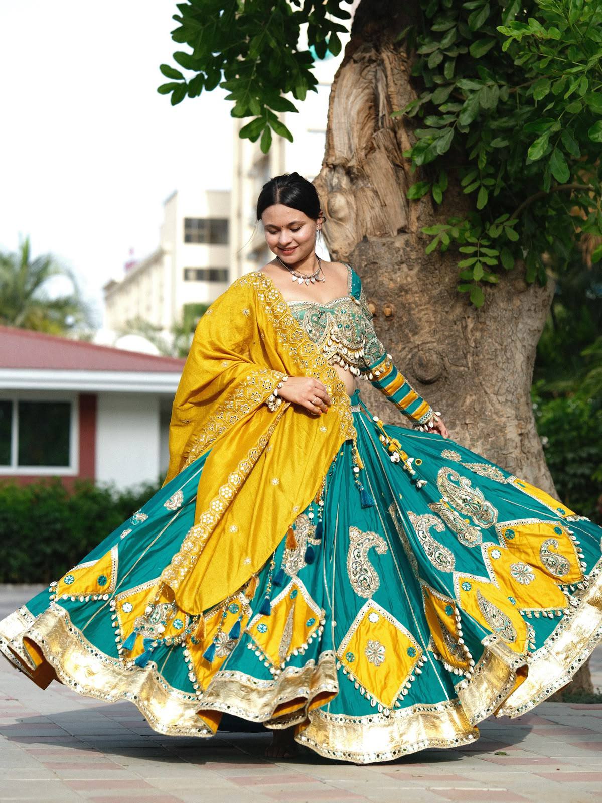 Mayurika Teal & Marigold Kodi Mirror Work Navratri Lehenga Set - Teal Blue