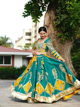 Mayurika Teal & Marigold Kodi Mirror Work Navratri Lehenga Set - Teal Blue