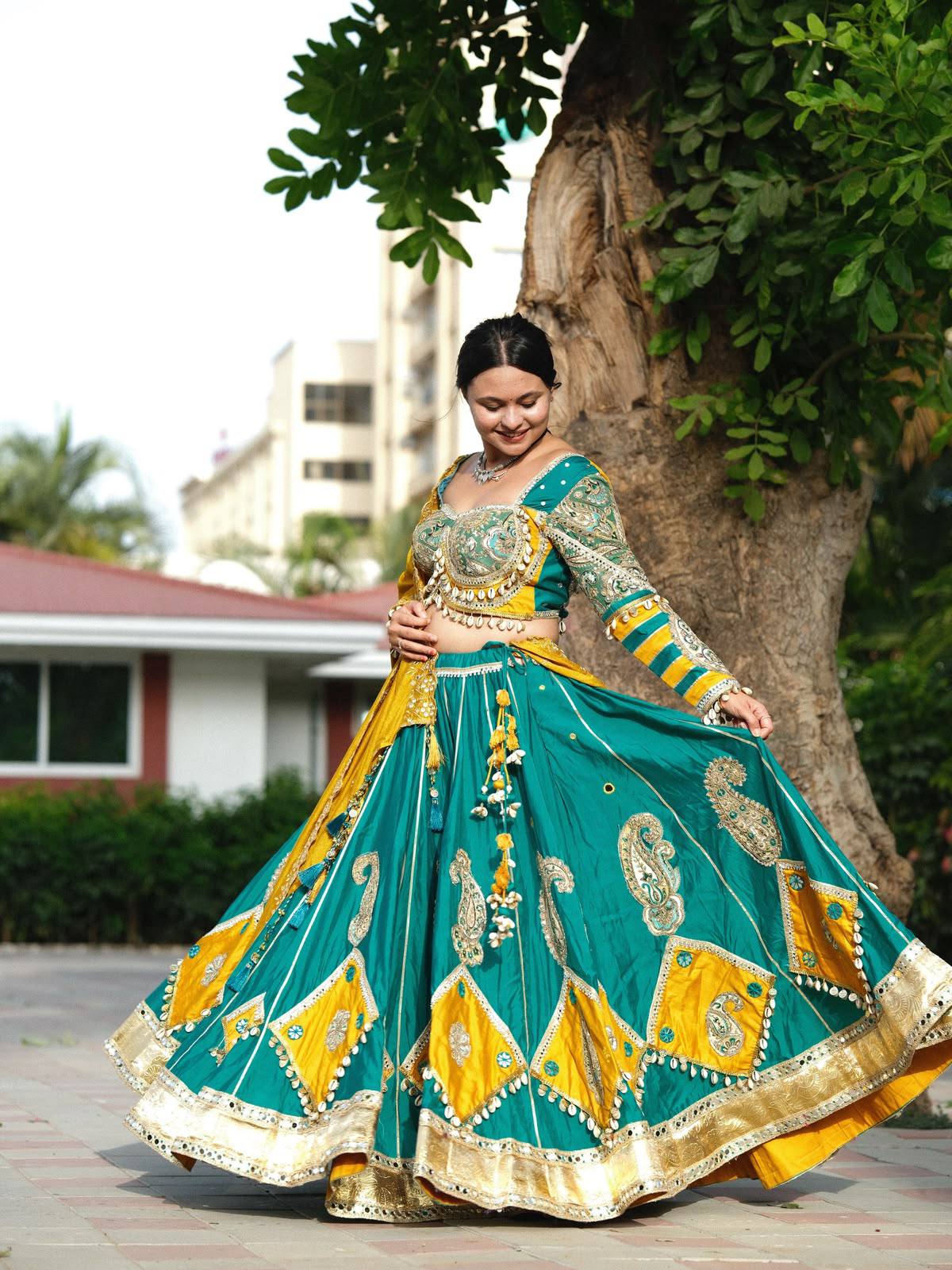 Mayurika Teal & Marigold Kodi Mirror Work Navratri Lehenga Set - Teal Blue