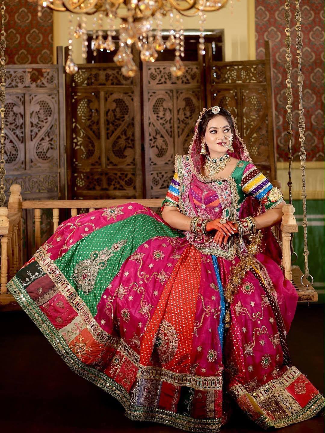 Digital Print Mirror Work Navratri Lehenga Set - Multicolour