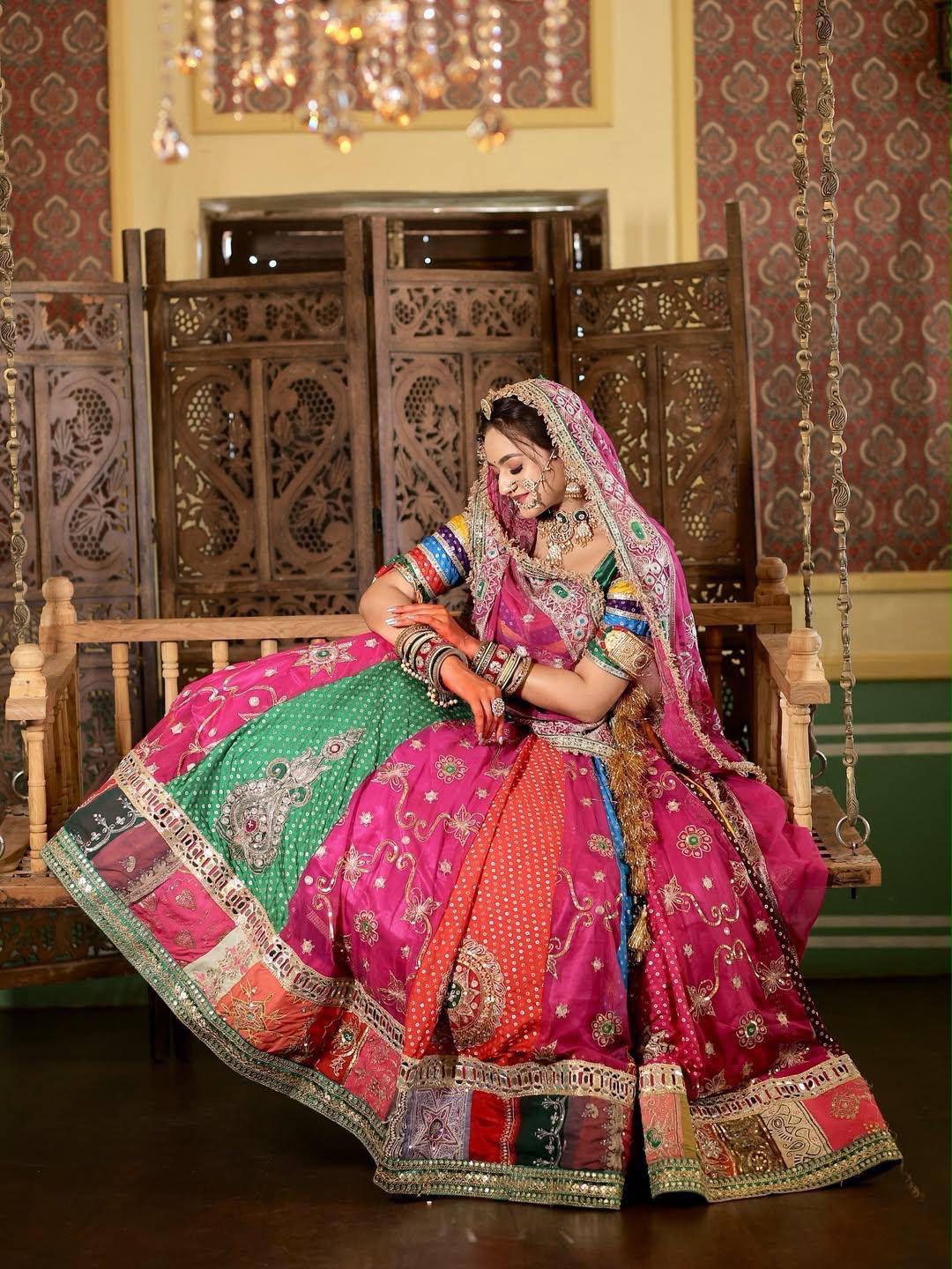 Digital Print Mirror Work Navratri Lehenga Set - Multicolour