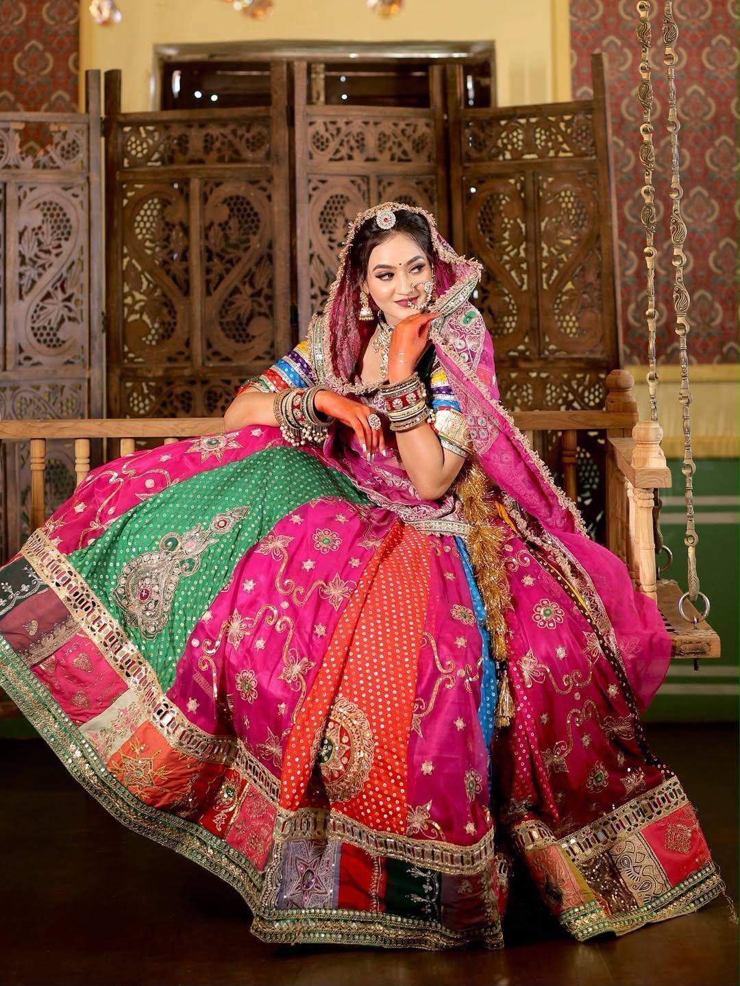 Digital Print Mirror Work Navratri Lehenga Set - Multicolour