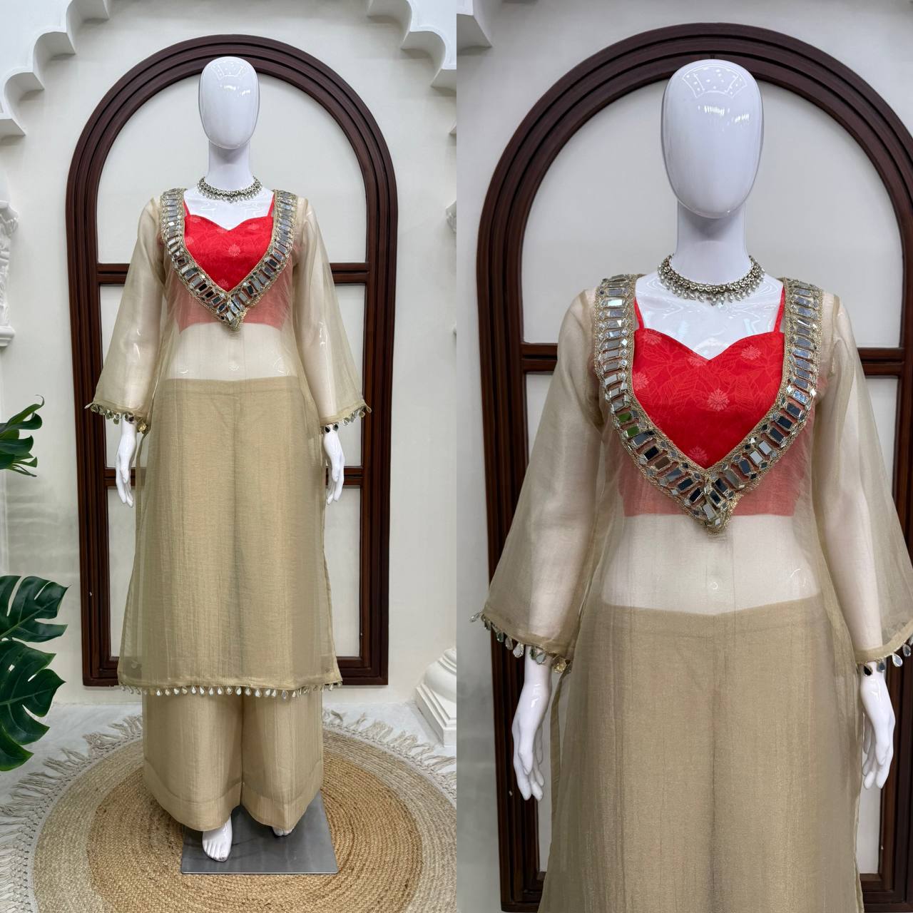 Beige Salsa Silk Mirror Work Palazzo Set with Inner