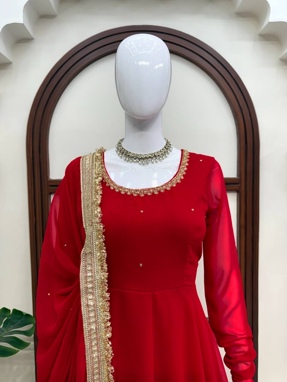 Red Flared Anarkali Suit with Embellished Dupatta
