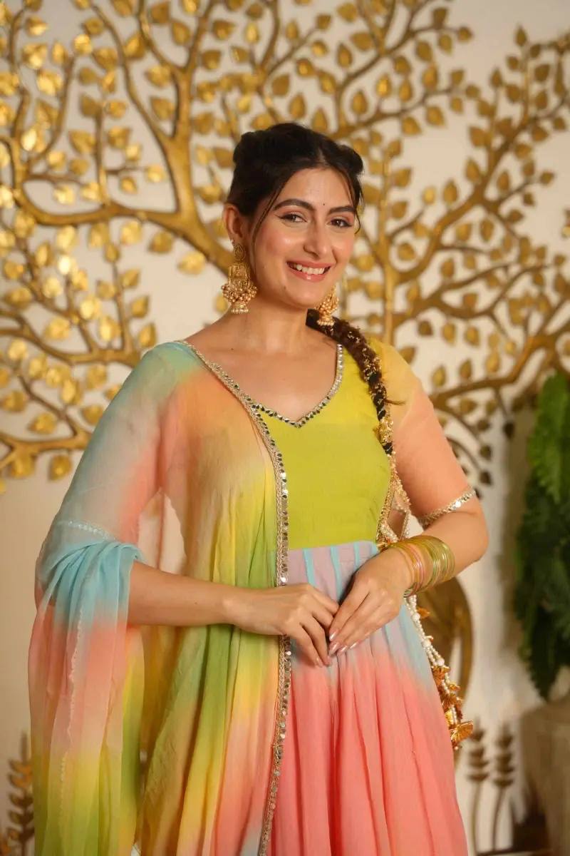 Multicolour Ombre Flared Anarkali Set with Dupatta